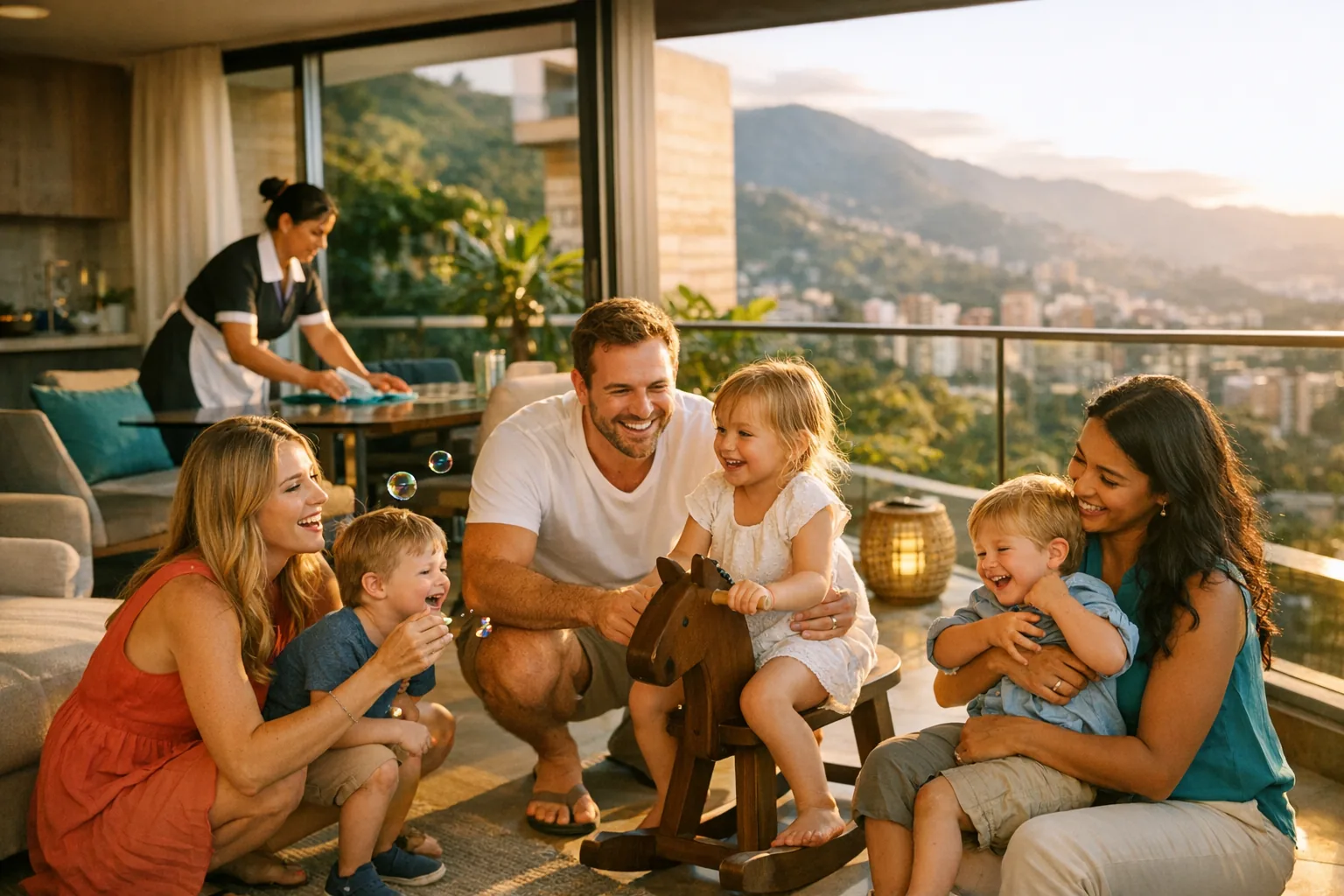 Expat family enjoying their Medellín apartment with an El Poblado mountain view while a vetted Casayuda housekeeper cleans in the background