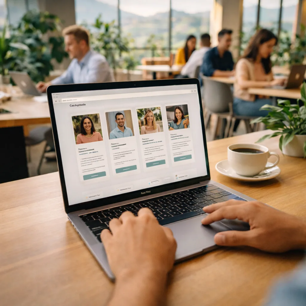 Expat browsing vetted Casayuda cleaner, chef, and driver profiles on a laptop from a Medellín coworking cafe
