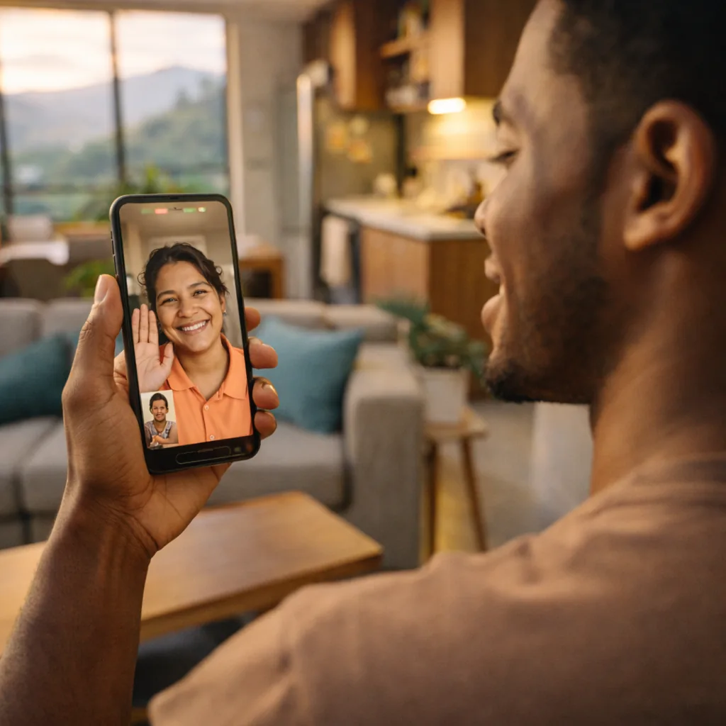 Medellín resident video-calling a vetted Casayuda housekeeper to discuss details before booking a weekly cleaning