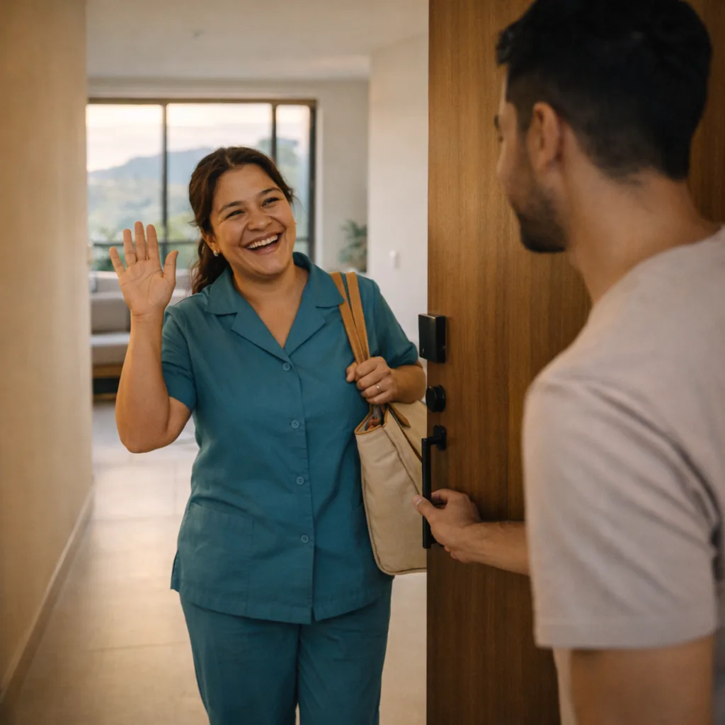 Friendly vetted Casayuda housekeeper in uniform arriving at a Medellín apartment for a scheduled cleaning
