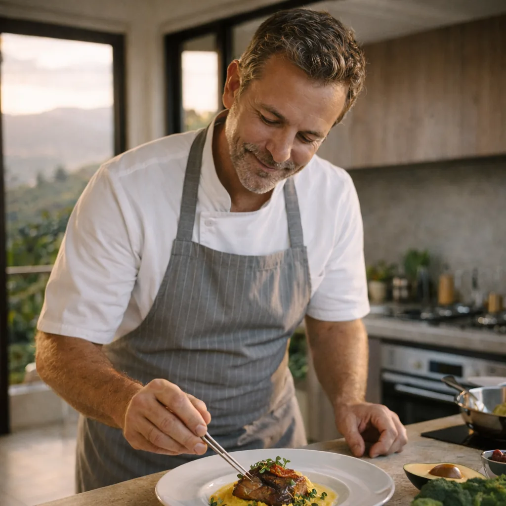 Private chef plating a meal in a modern Medellín home kitchen, available for in-home dinners and meal prep through Casayuda