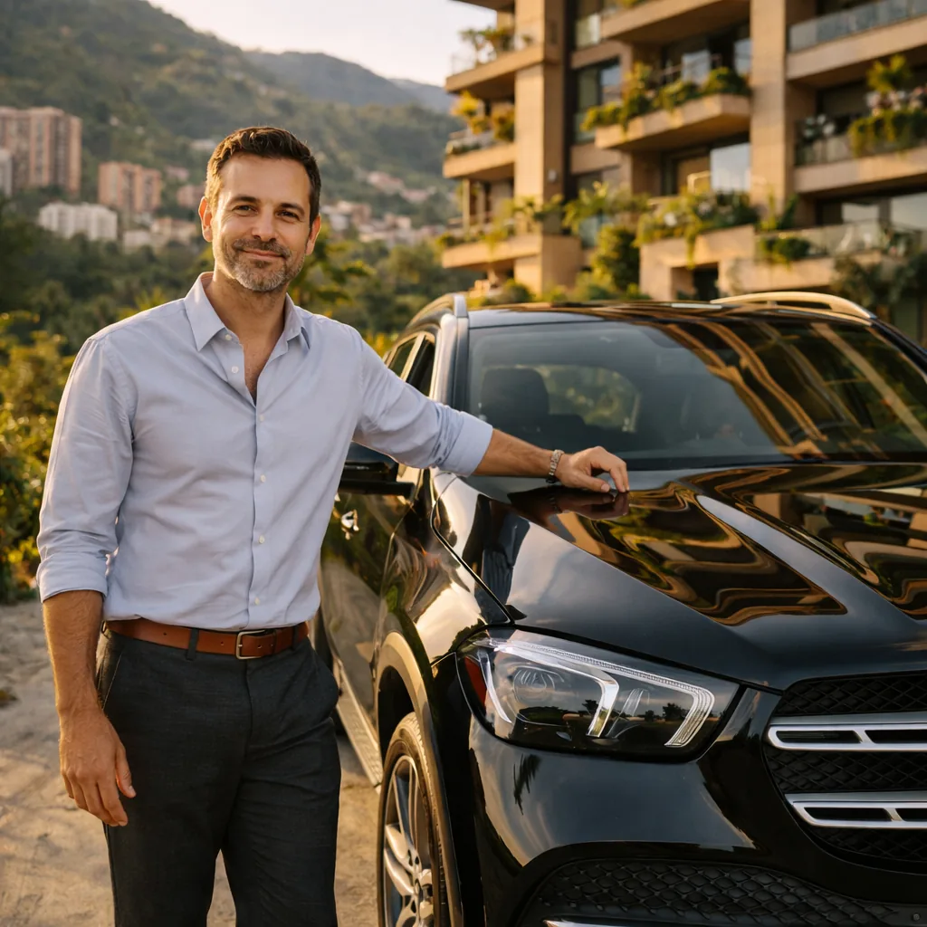 Professional private driver in El Poblado, Medellín standing next to a black SUV, available for airport transfers and day trips through Casayuda