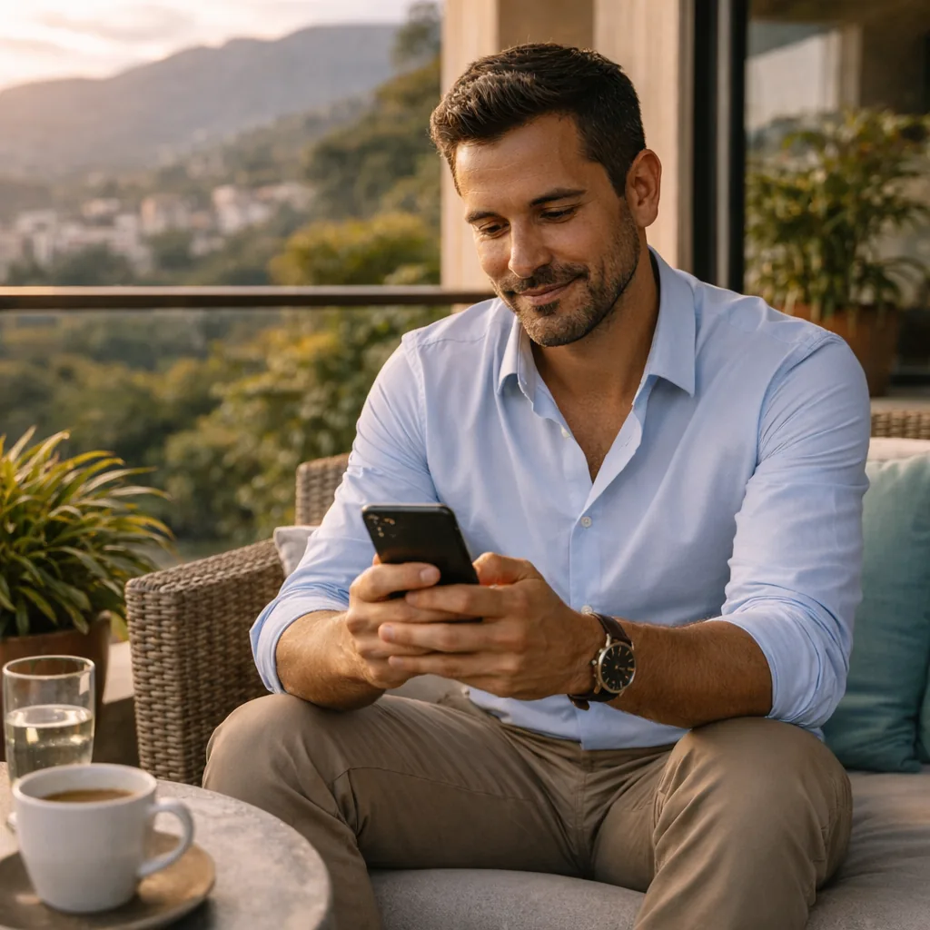 Expat resident on an El Poblado balcony in Medellín leaving a verified Casayuda review on his phone after a completed booking