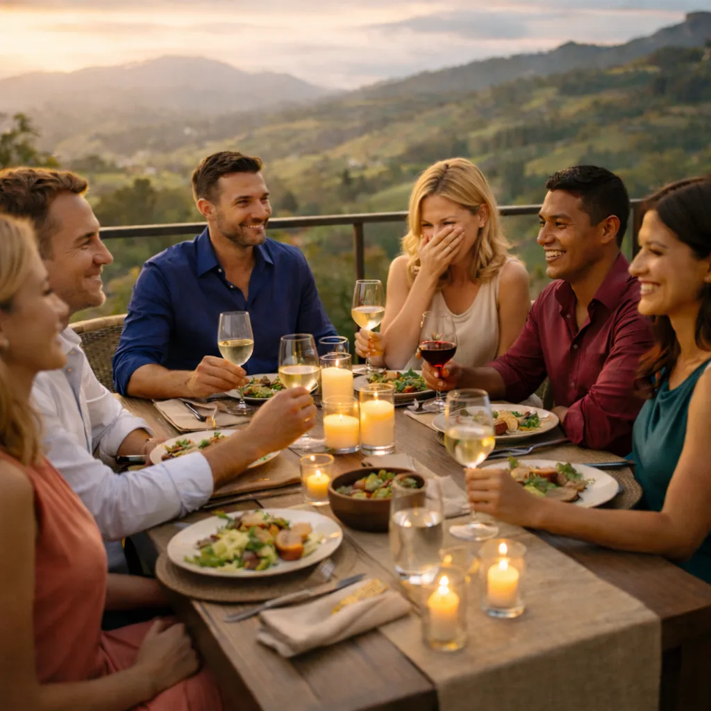 Expats and friends enjoying a private-chef dinner party on a Medellín terrace at sunset, hosted through Casayuda